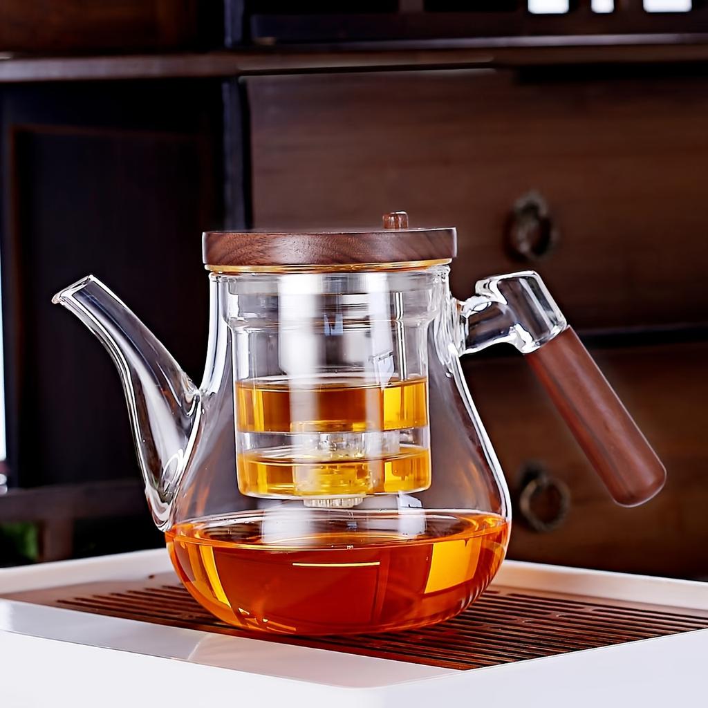 1pc Push-button Glass Filter Teapot Walnut Wood Handle Novelty Teapot