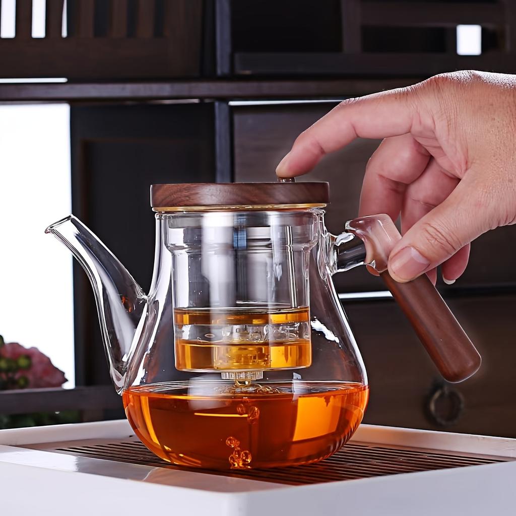 1pc Push-button Glass Filter Teapot Walnut Wood Handle Novelty Teapot