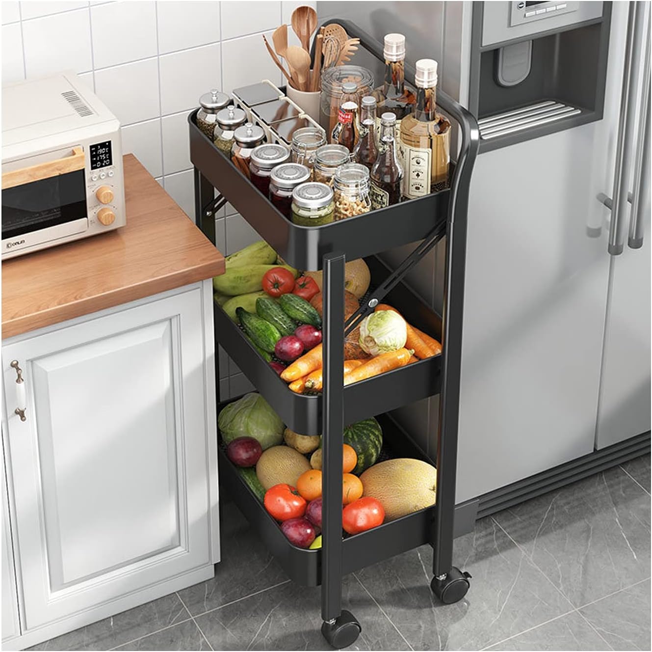 3 Tier Metal Rolling Cart (black)