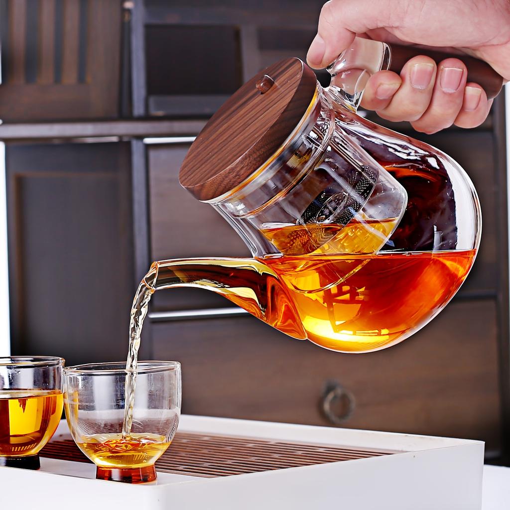 1pc Push-button Glass Filter Teapot Walnut Wood Handle Novelty Teapot