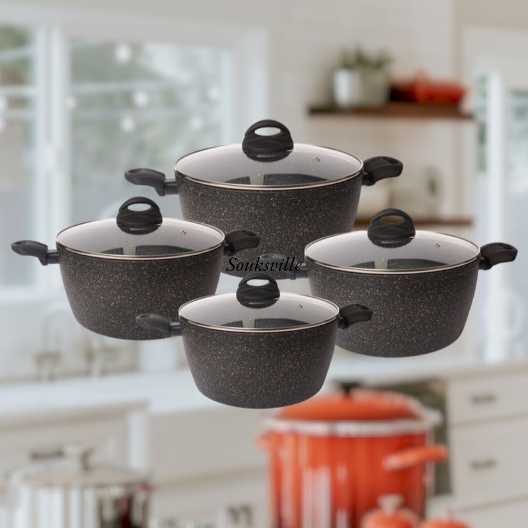 Lava Stone Granite 4 Pots Cookware Set Black Glass Lid