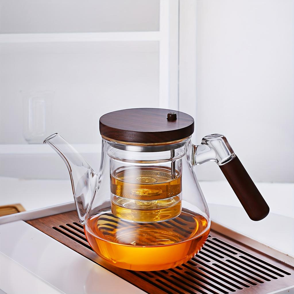 1pc Push-button Glass Filter Teapot Walnut Wood Handle Novelty Teapot