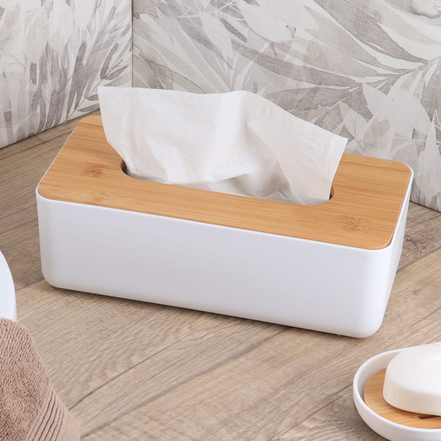 White tissue Box With Wooden Lid