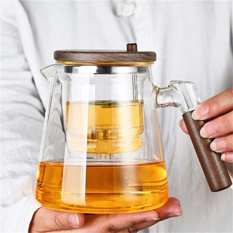 Borosilicate One Click Tea Separation Filtration Glass Tea Pot Wood Handle Tea