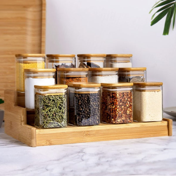 Borosilicate Glass Square Jar Wood Cover