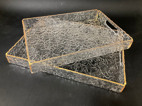 Set of 2 Acrylic Serving Trays Gold Rim w Texture Design