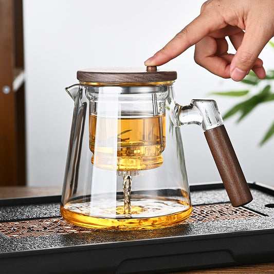 Borosilicate One Click Tea Separation Filtration Glass Tea Pot Wood Handle Tea